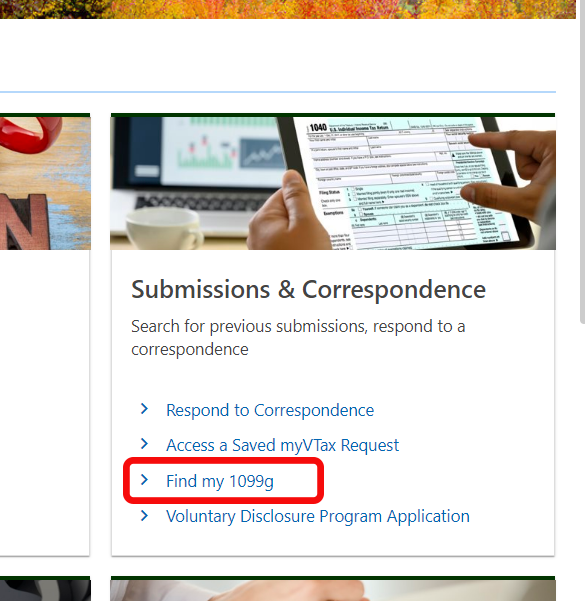 myVTax home screen. Red outline over "Find my 1099g"