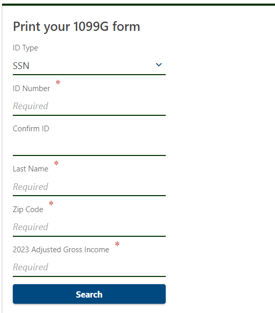 myVTax screen, "Print your 1099G form" with information answer fields