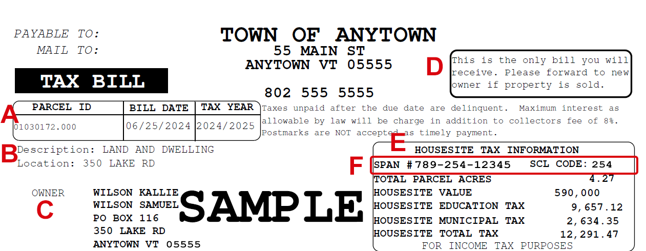 Top of typical Vermont property tax bill showing property owner address and housesite tax information