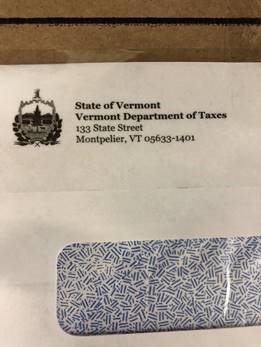 Return address from the envelope of a 1099-G from the Vermont Department of Taxes