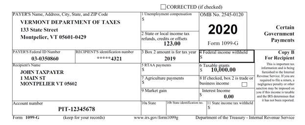 Example 1099-G from the Vermont Department of Taxes