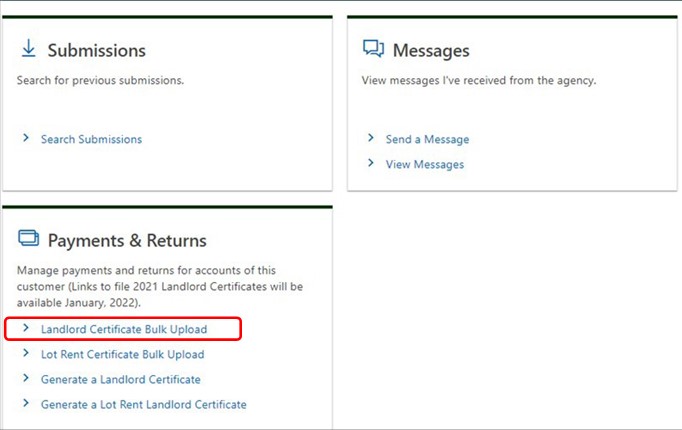 myVTax landlord certificate payments and returns screen