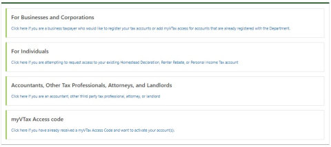 myVTax registration screen