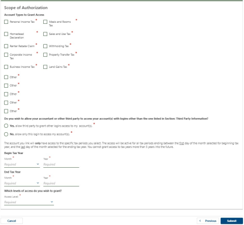 myVTax scope of authorization screen